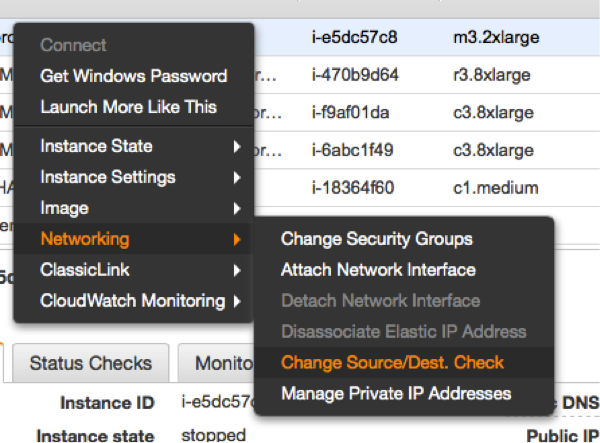 AWS console, change source destination check